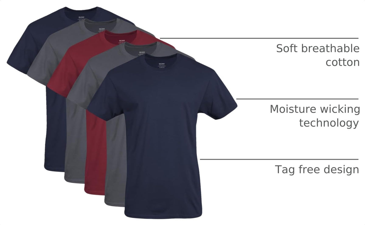 Gildan Men's Crew T-Shirts, Multipack, Style G1100, Navy/Charcoal/Cardinal Red (5-Pack), Large